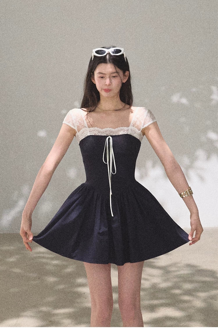 Lace-Spliced Cinched-Waist Vacation Camisole Dress