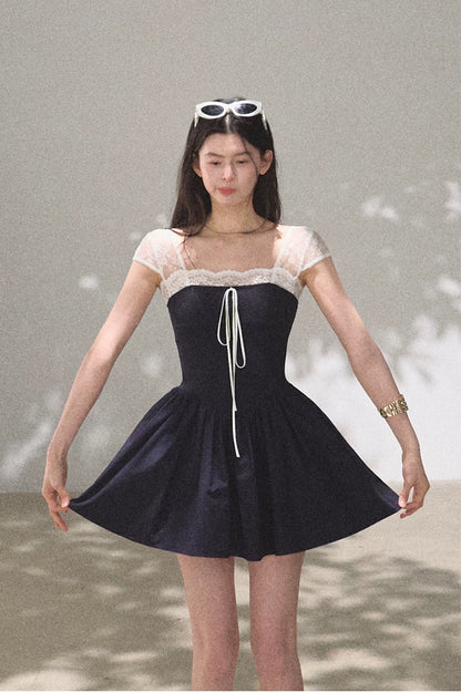 Lace-Spliced Cinched-Waist Vacation Camisole Dress