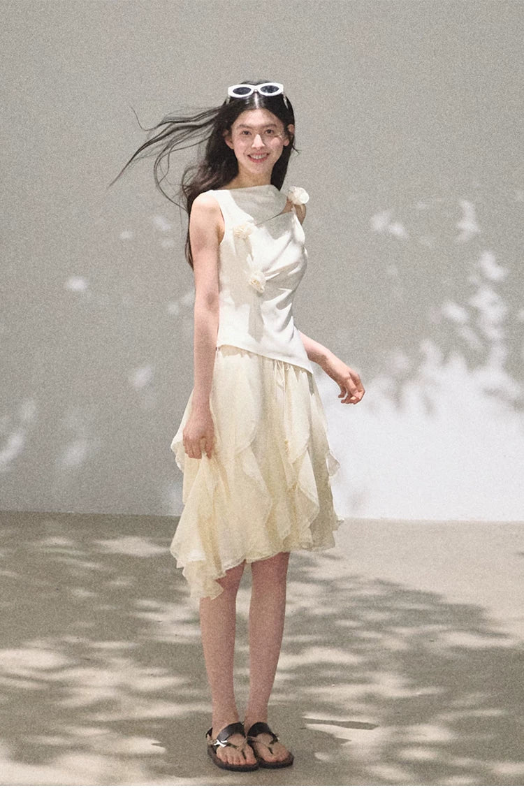 Asymmetric Ruffle Lace-Trim A-Line Midi Skirt
