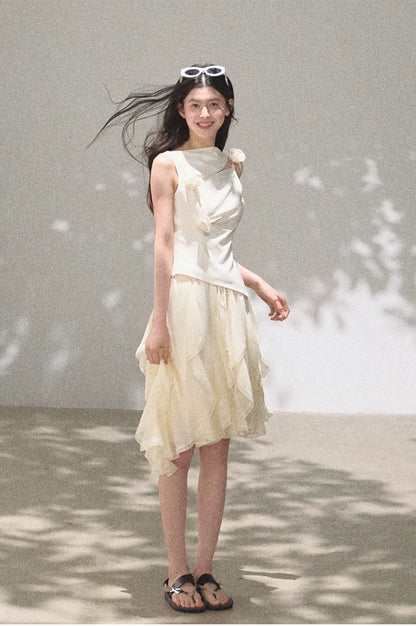 Asymmetric Ruffle Lace-Trim A-Line Midi Skirt