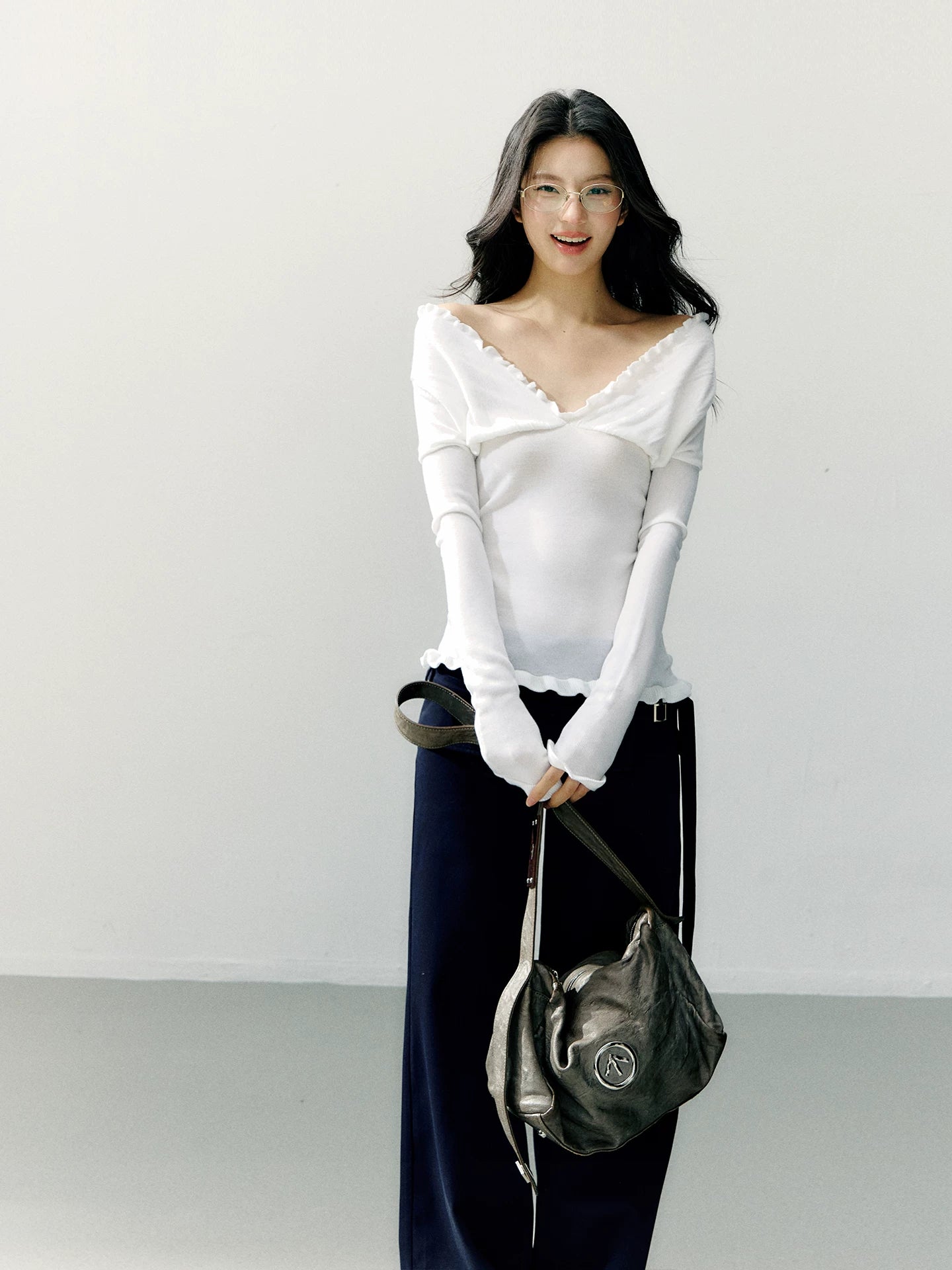 Off-Shoulder Ruffle Trim Fitted Knit Base Layer