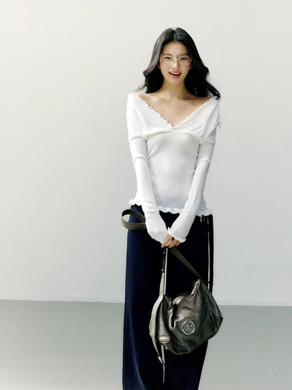 Off-Shoulder Ruffle Trim Fitted Knit Base Layer