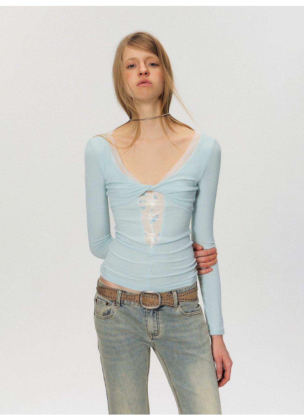 Twist-Front Mesh Panel Slim Fit Long Sleeve Top