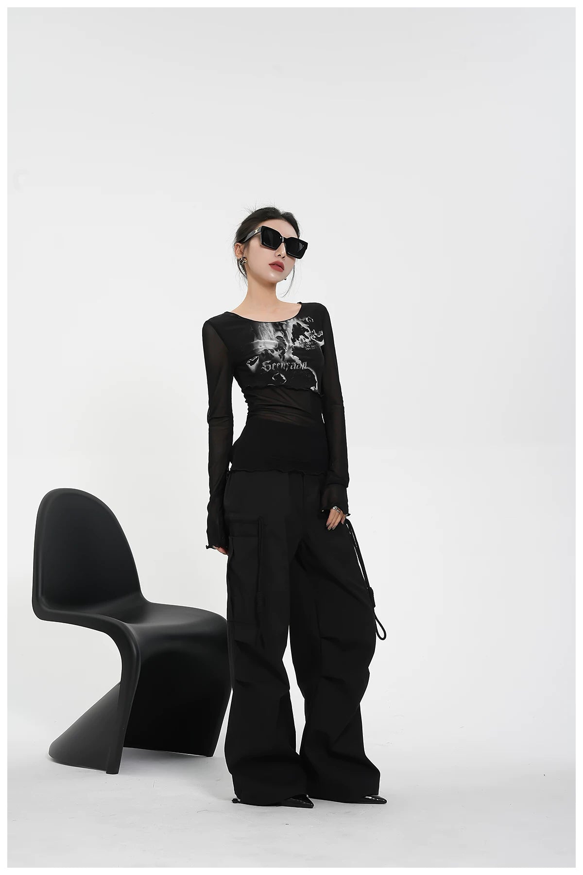 Street-Style Printed Mesh Long-Sleeve T-Shirt