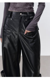 Brown & Black Rivet Wide-Leg Leather Pants - CHINASQUAD