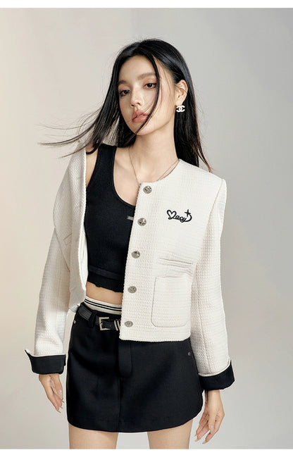 Black &amp; White Round Neck Cropped Jacket