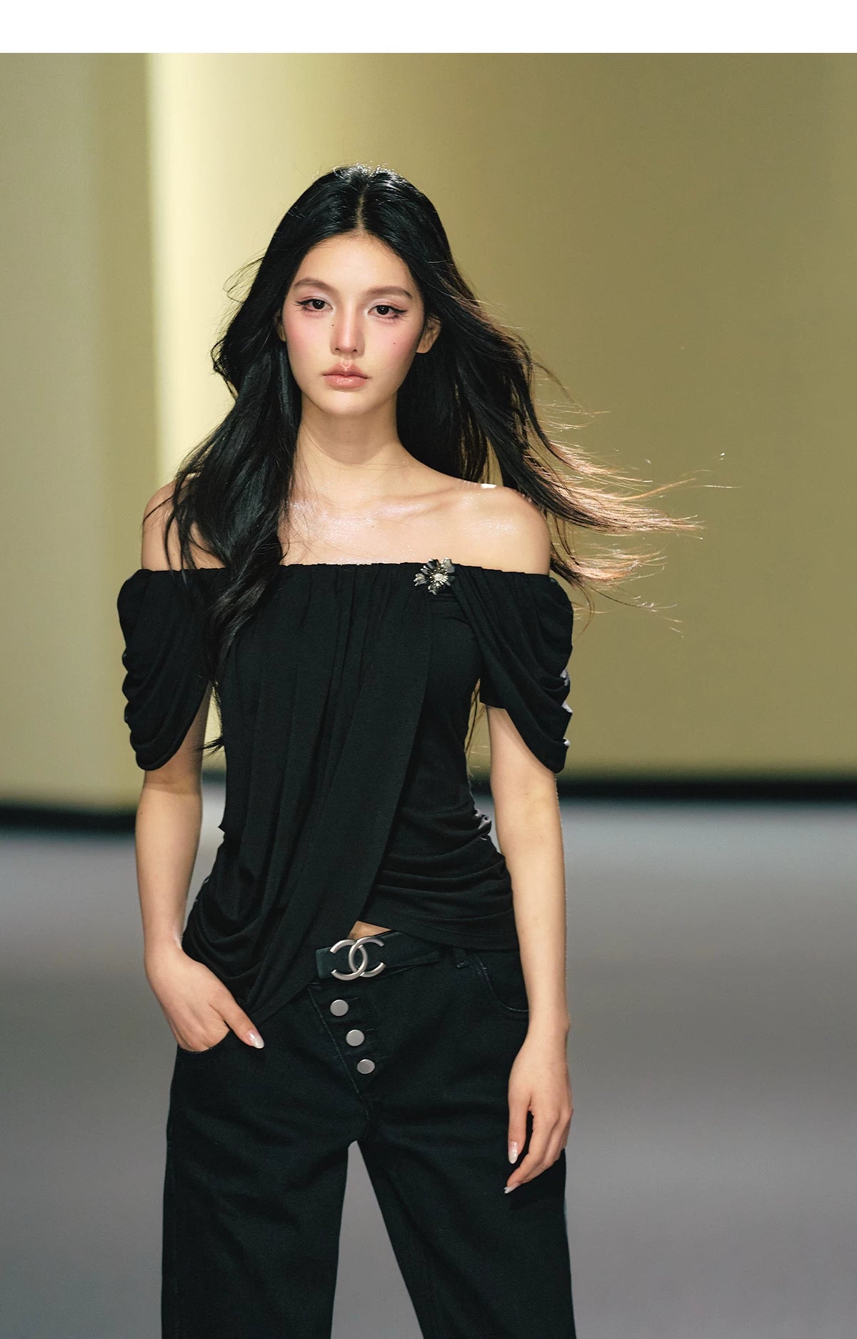 Off-Shoulder Draped Pleated Lyocell Top