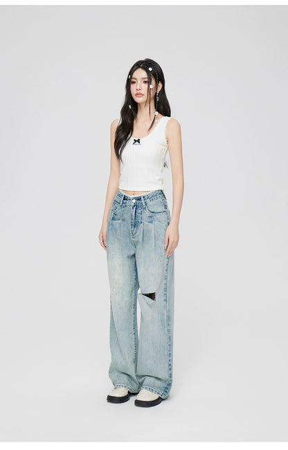 White &amp; Blue Lace Jeans Wide-leg Pants - CHINASQUAD