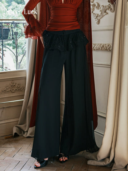 Layla Lace Ruffle Chiffon Wide-Leg Pants