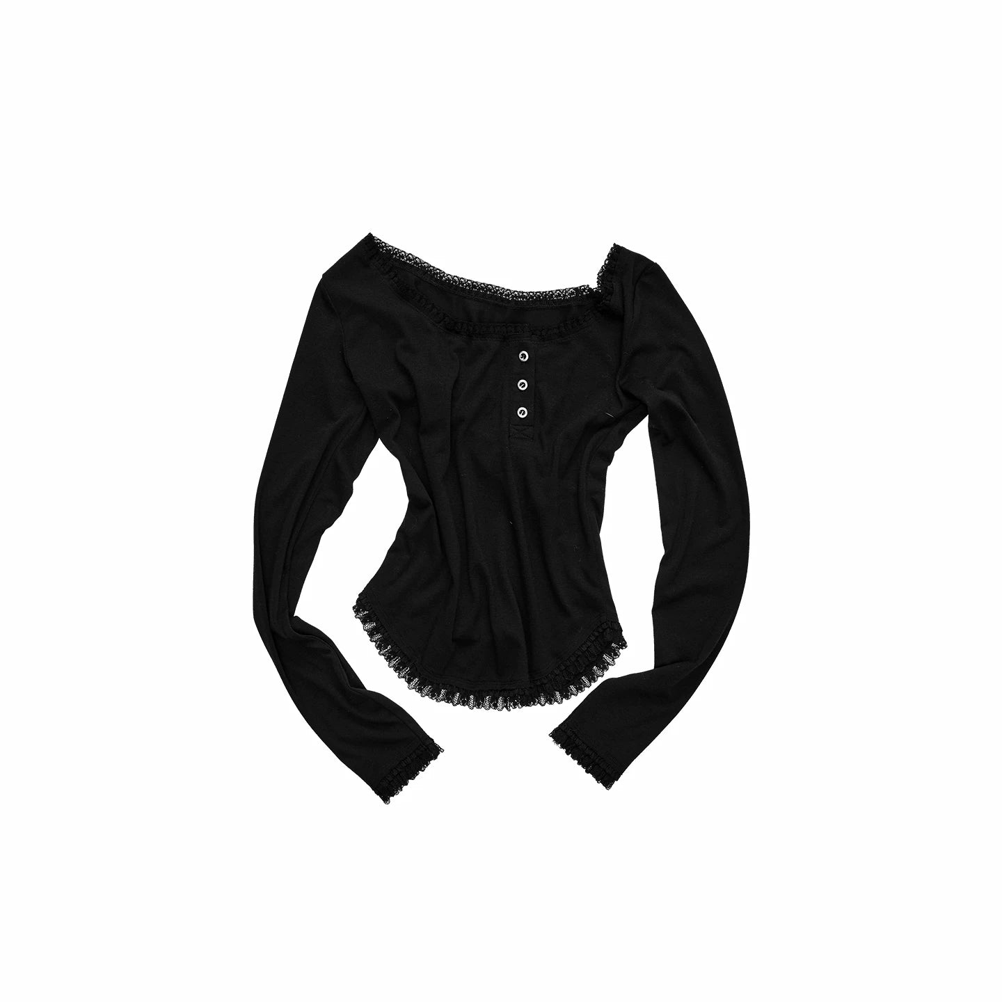 Asymmetric Henley Lace Trim Long Sleeve Top