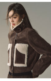 Brown Faux Fur Patchwork Short Jacket - CHINASQUAD