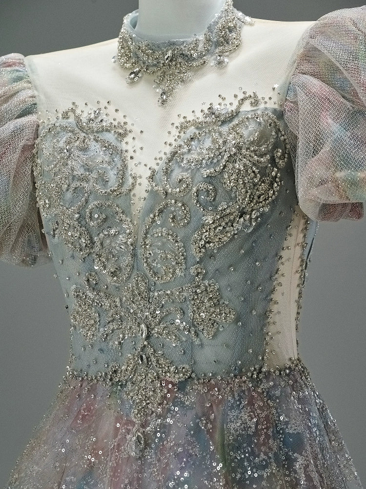 Light Drift Floral Tulle Gown with Puff Sleeves