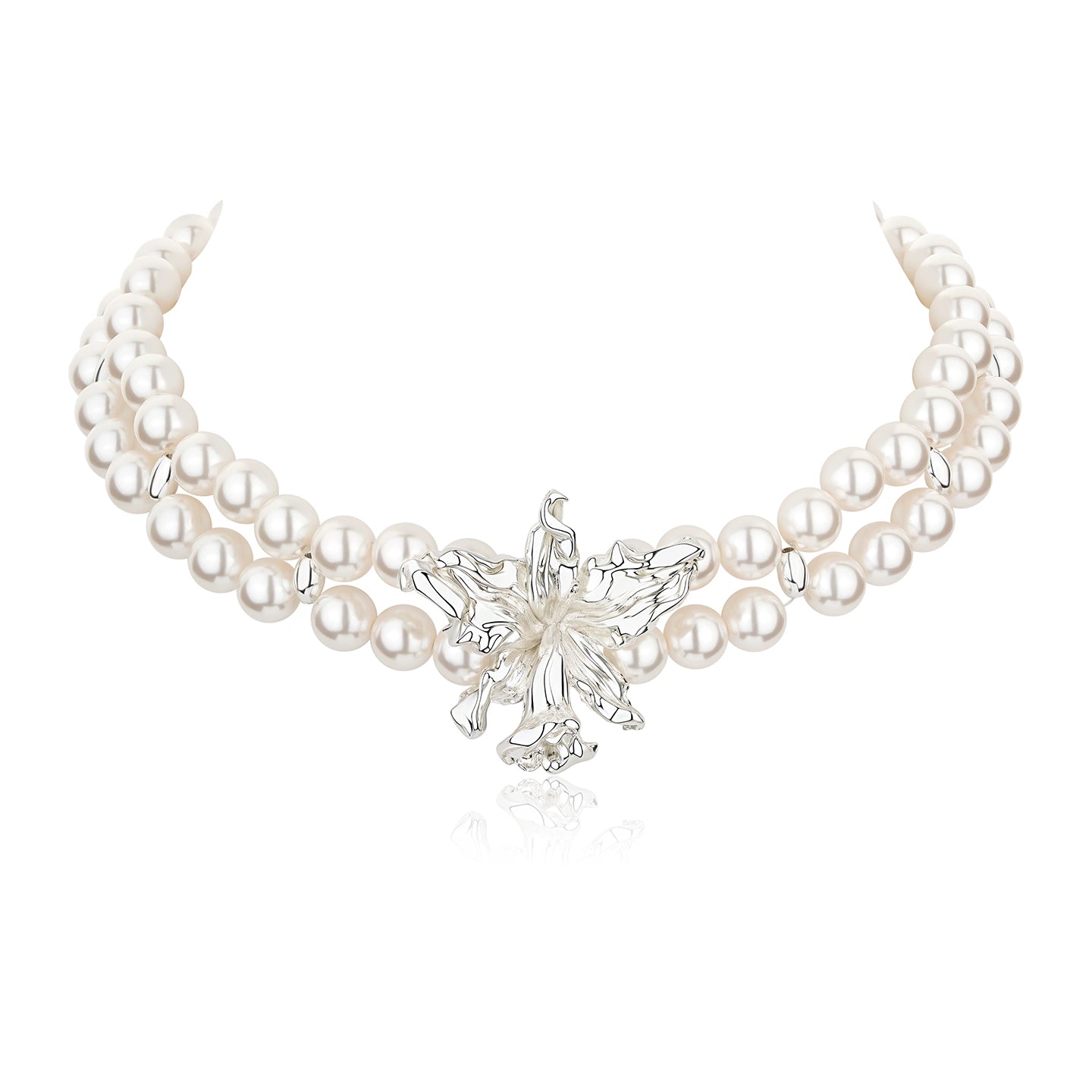 Silver Floral Pearl Layered Choker Necklace