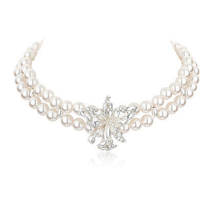 Silver Floral Pearl Layered Choker Necklace