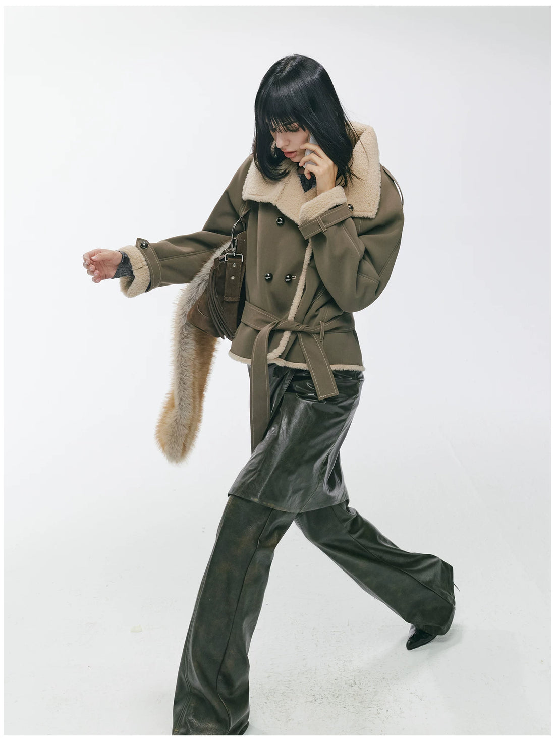 Contrast Fleece-Panelled Shearling Short Coat