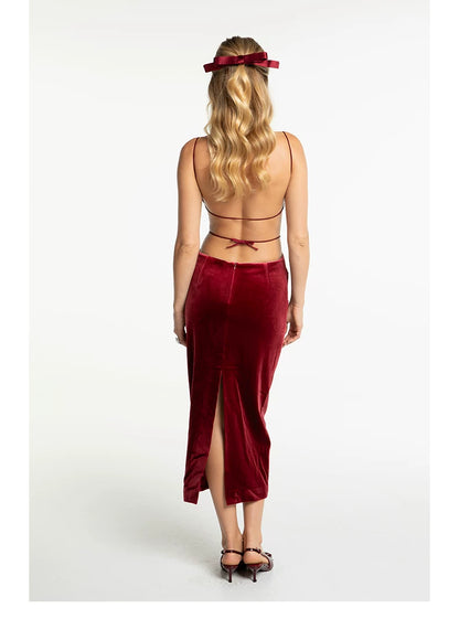 Crystal-Trim Velvet Backless Dress