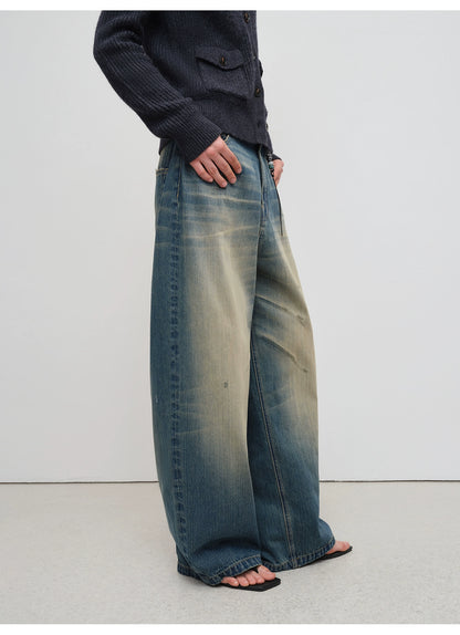 Vintage Tapered Wide-Leg Distressed Denim Pants