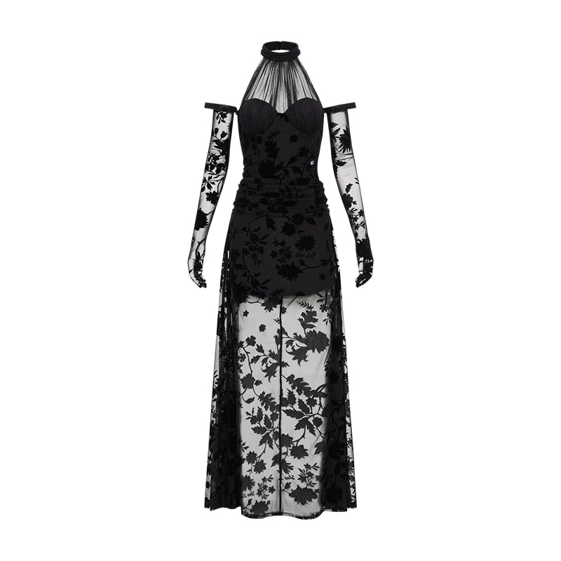 Velvet Halter-Tie Floral Corset Maxi Dress