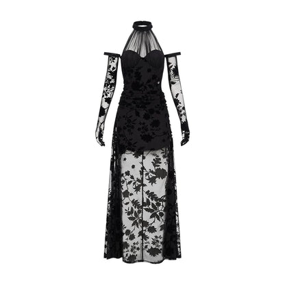 Velvet Halter-Tie Floral Corset Maxi Dress