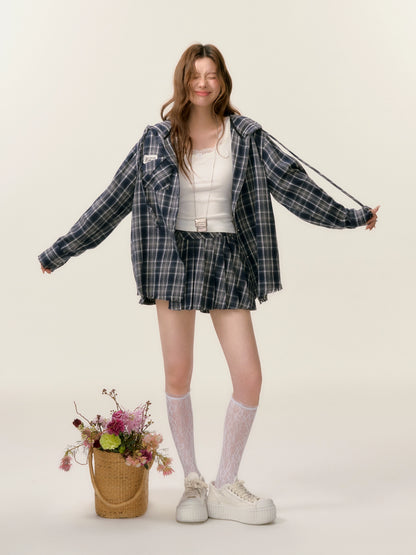 Plaid Hooded Long Sleeve Shirt &amp; Skirt Set