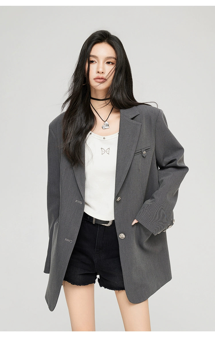 Black &amp; Gray Buttoned Blazer - CHINASQUAD