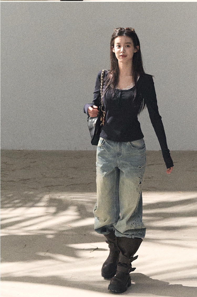 Washed Straight-Leg Wide Denim Pants