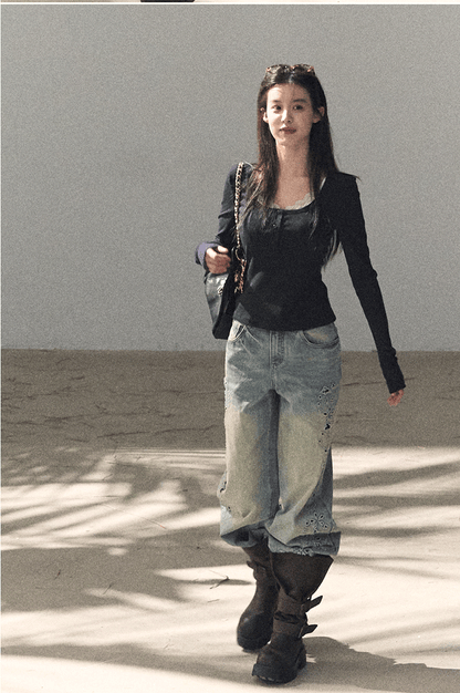 Washed Straight-Leg Wide Denim Pants