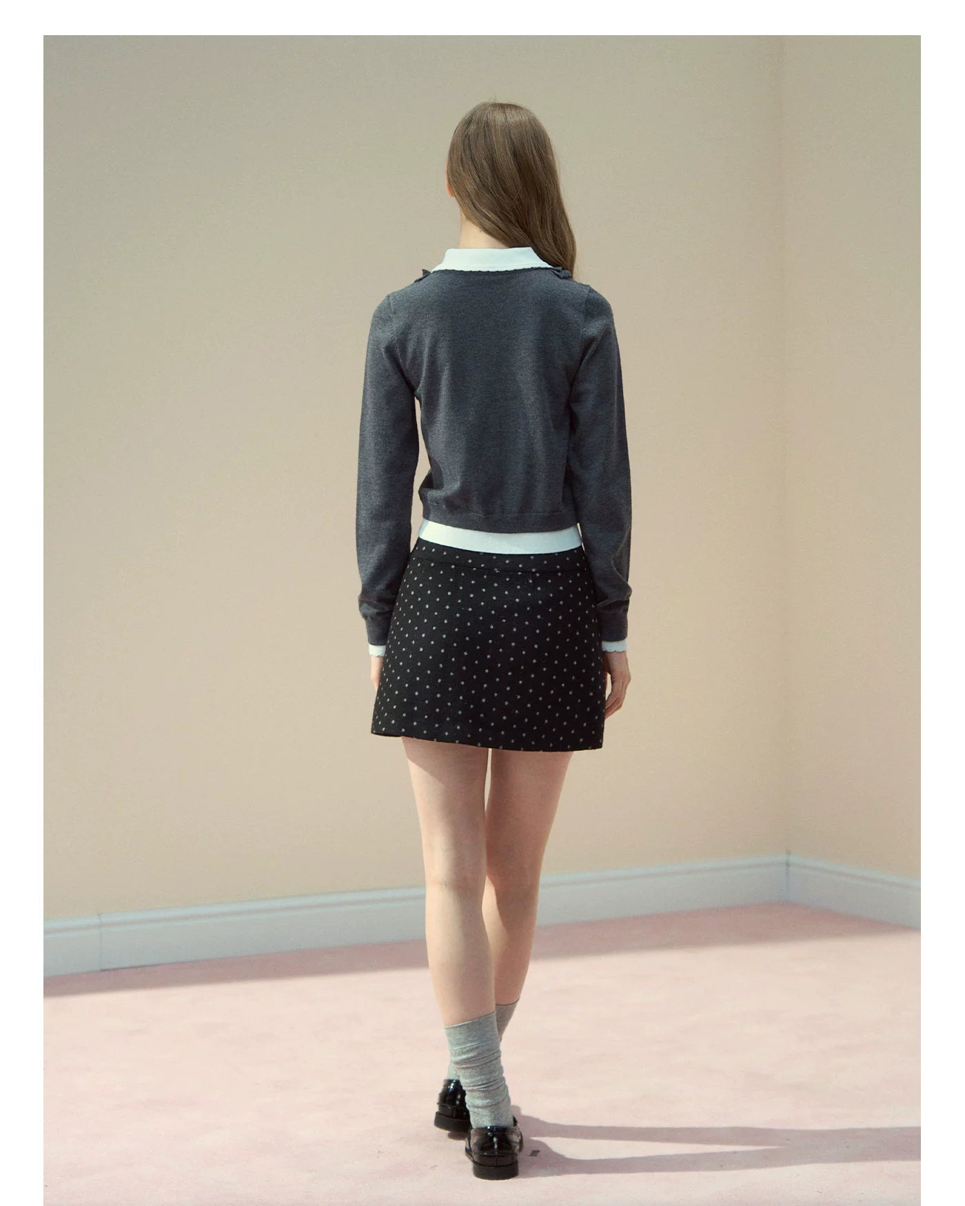 Grey Ruffle Collar Knit Cardigan