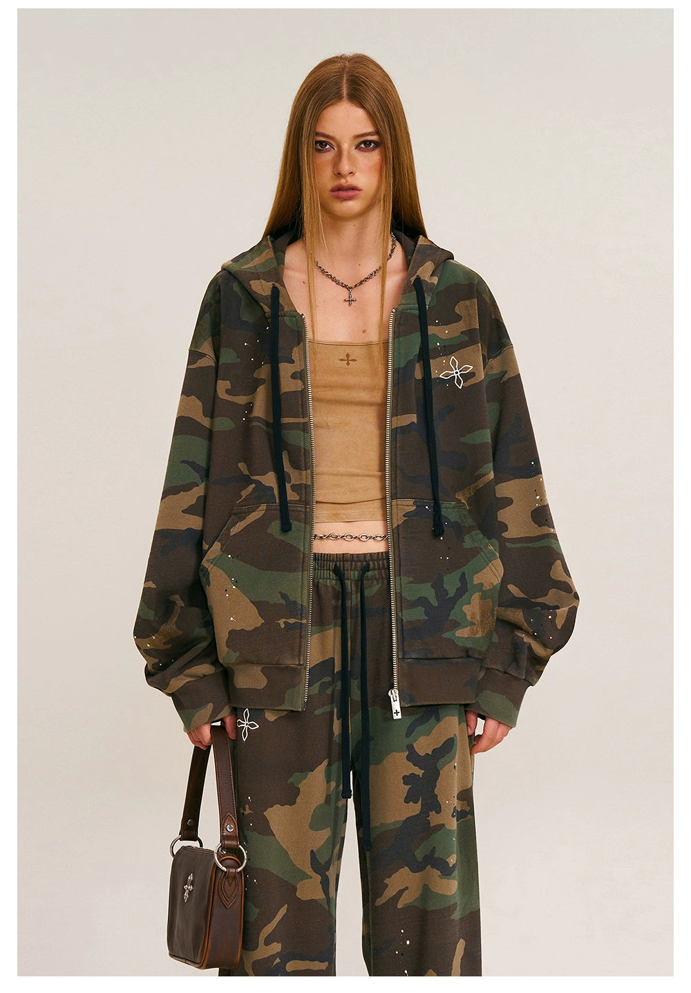 Cross Emblem Oversized Zip-up Hoodie