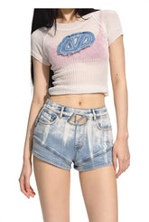 Gradient Floral Elastic Skinny Denim Shorts - CHINASQUAD