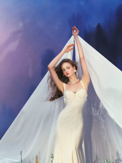 Vintage Shell-Texture Stretch Mermaid Slip Dress