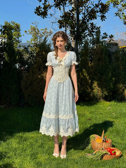 Fresh Baby Blue Lace Short-Sleeve Dress