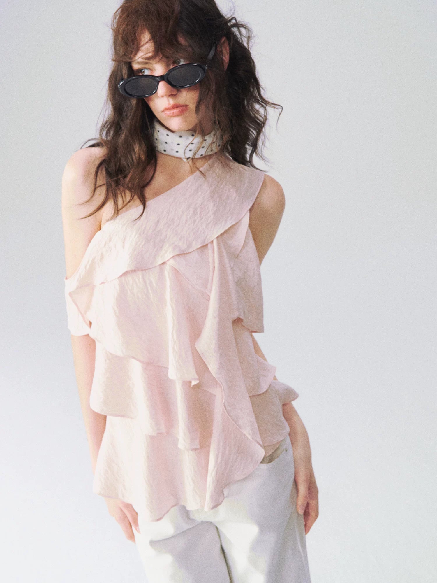 Layered Ruffle One-Shoulder Blouse
