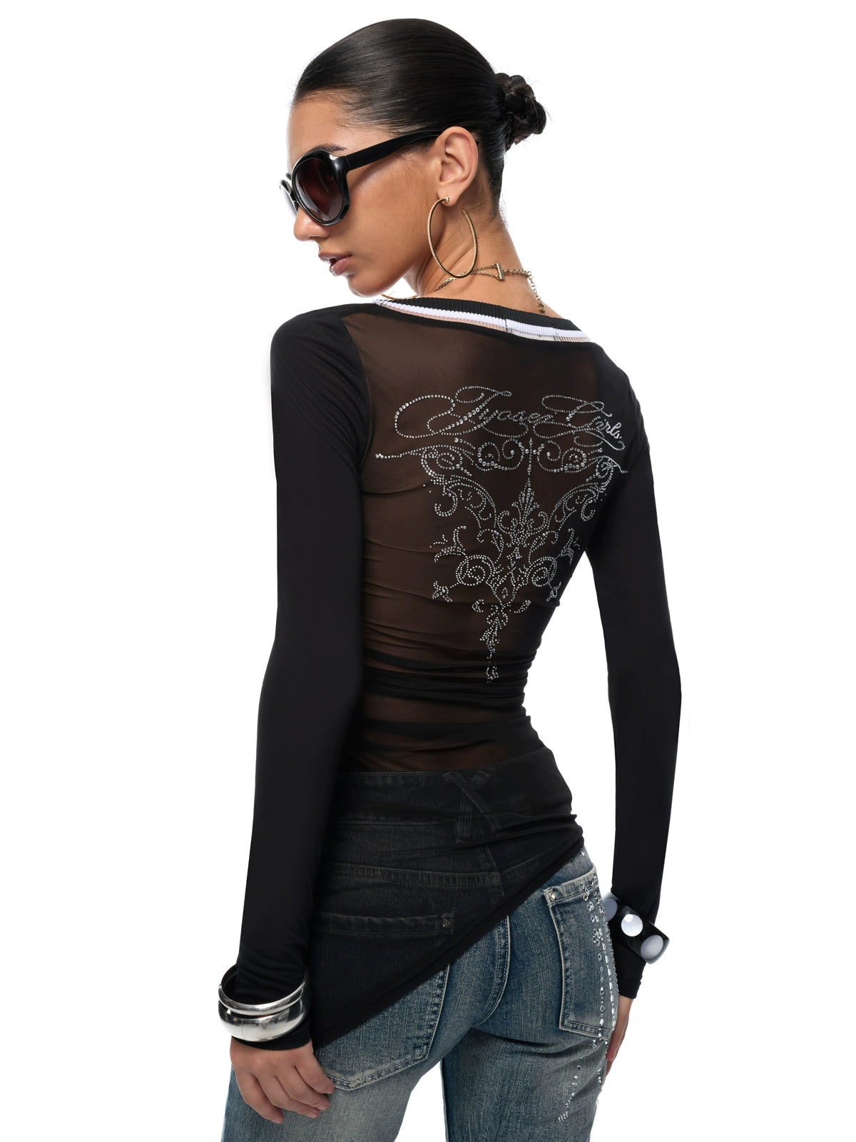 Ruched V-Neck Semi-Sheer Knit Blouse