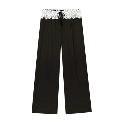 Lace Panel Drawstring Waist Wide-Leg Casual Pants