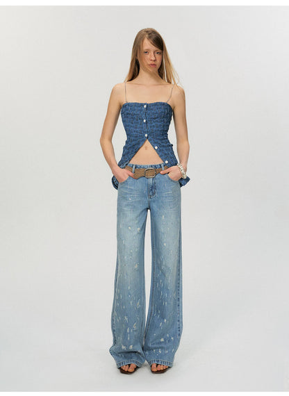 Vintage Washed Blue Rhinestone Embellished Straight-Leg Denim Trousers
