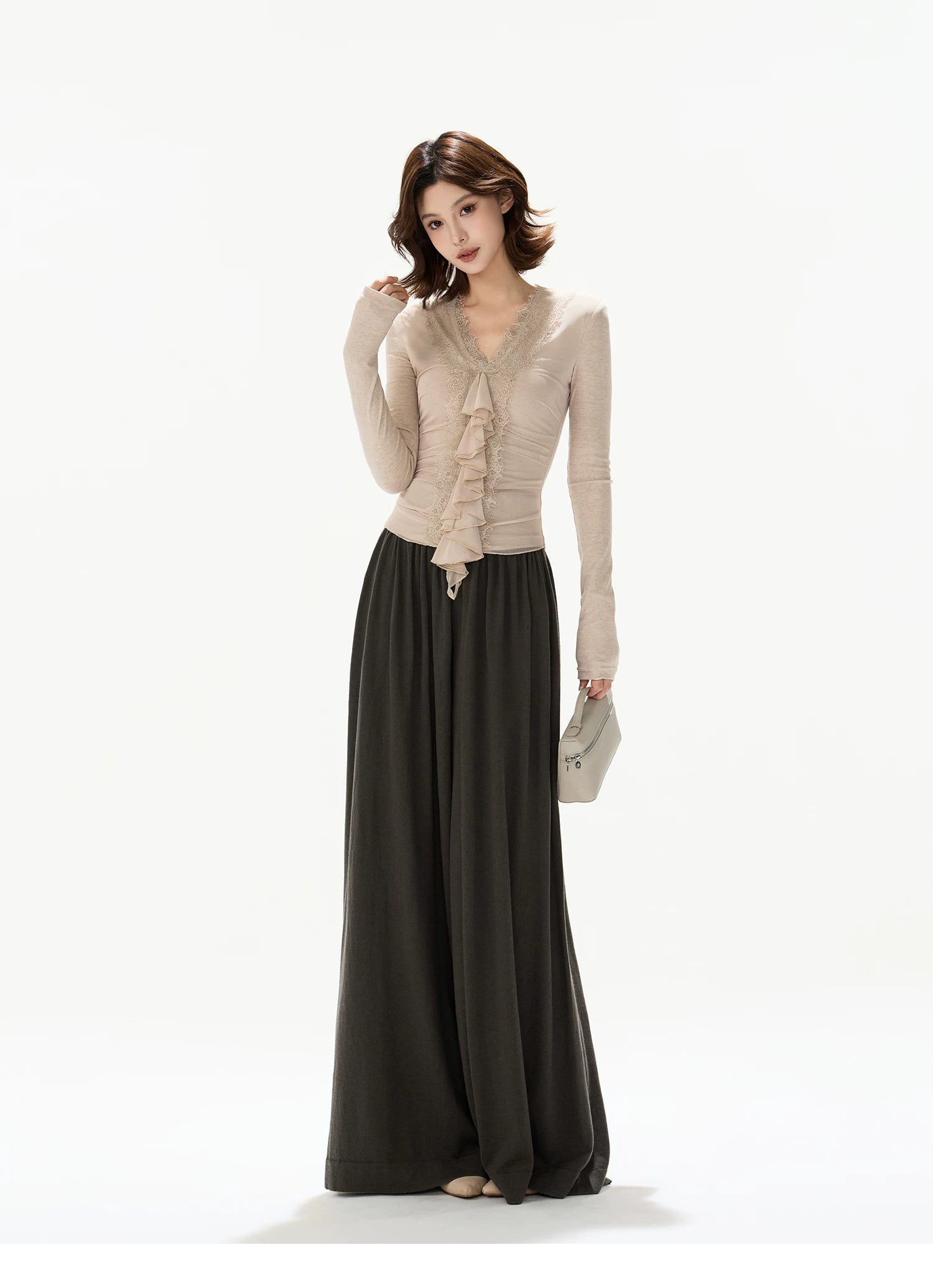 Elegant Lace Ruffle Knit V-Neck Top