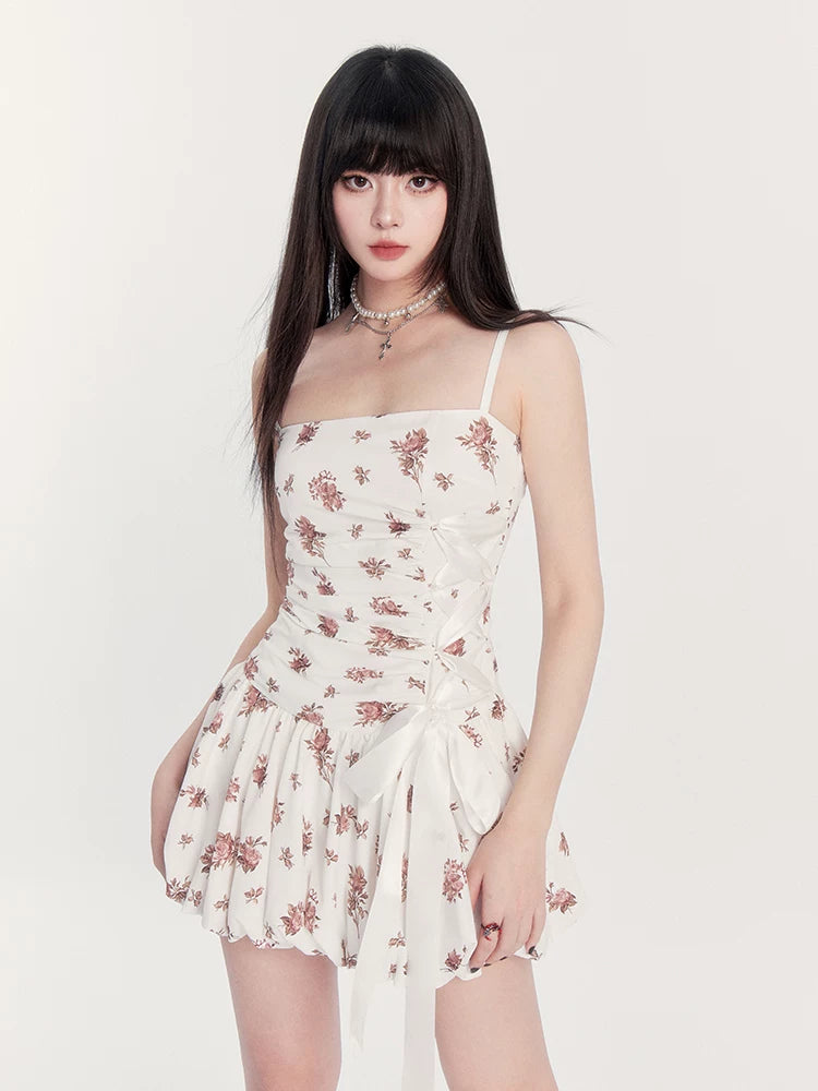 Dream French Floral Bow Waist Puff Dress