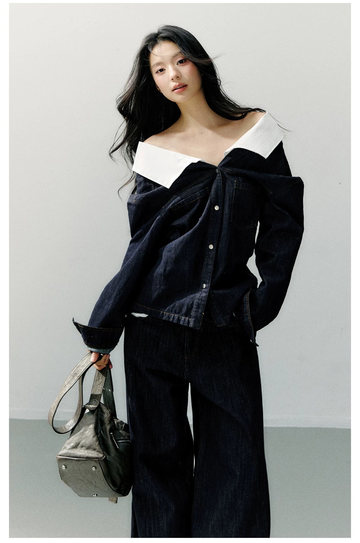 Off-Shoulder Denim Long Sleeve Shirt