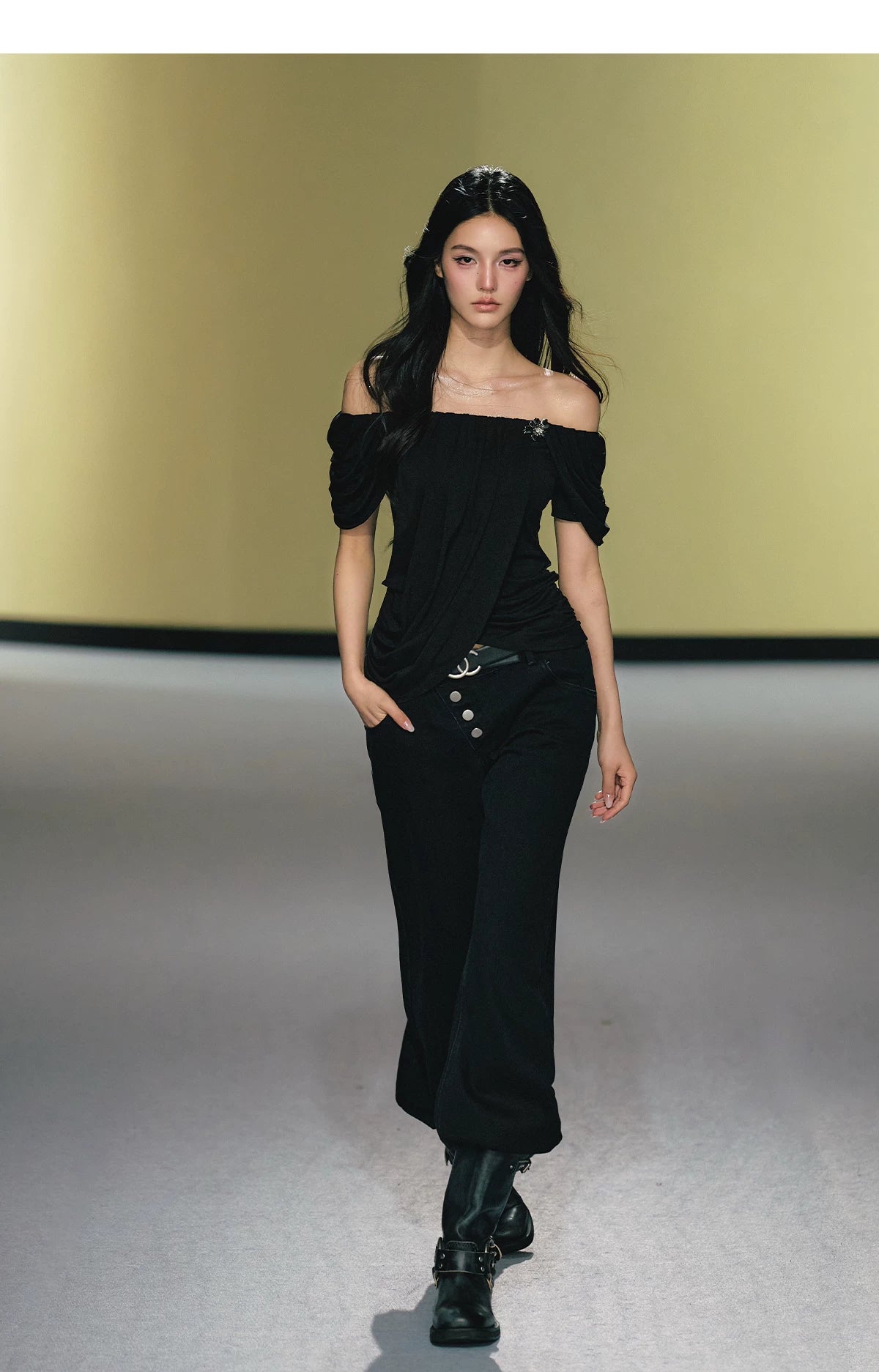 Off-Shoulder Draped Pleated Lyocell Top