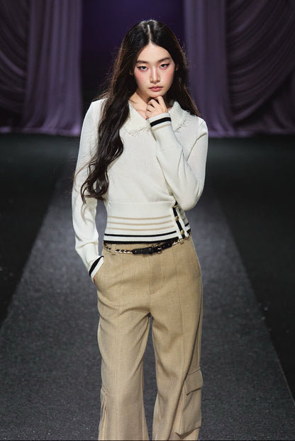 Black &amp; Gold Striped Contrast Collar Knit Sweater