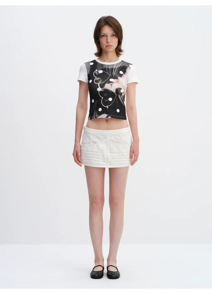 Playful Cat Polka Dot Cropped T-Shirt