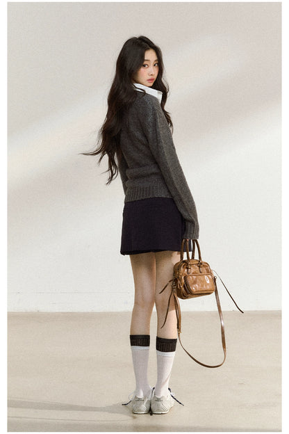 Gray Wool-Blend Layered Knit V-neck