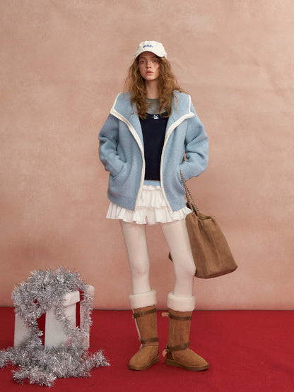 Relaxed Contrast-Trim Hooded Zip Cardigan