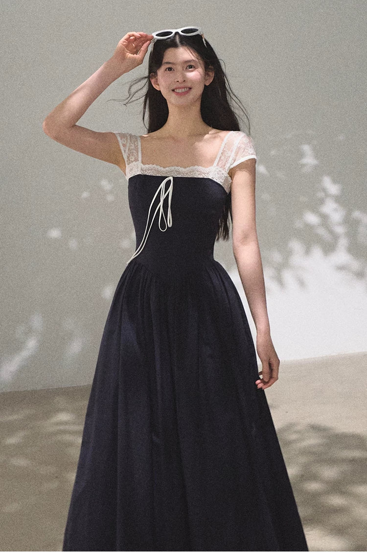 Lace-Spliced Cinched-Waist Vacation Camisole Dress