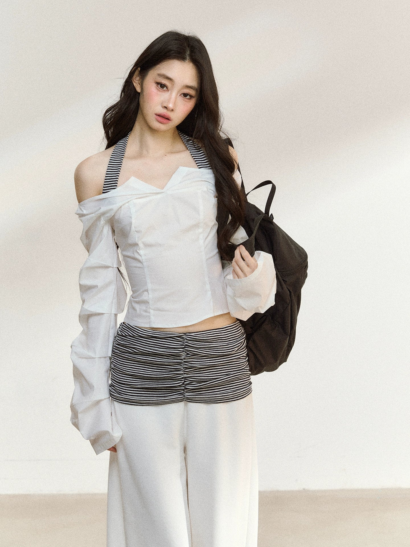 White V-Neck Off-Shoulder Cropped Blouse