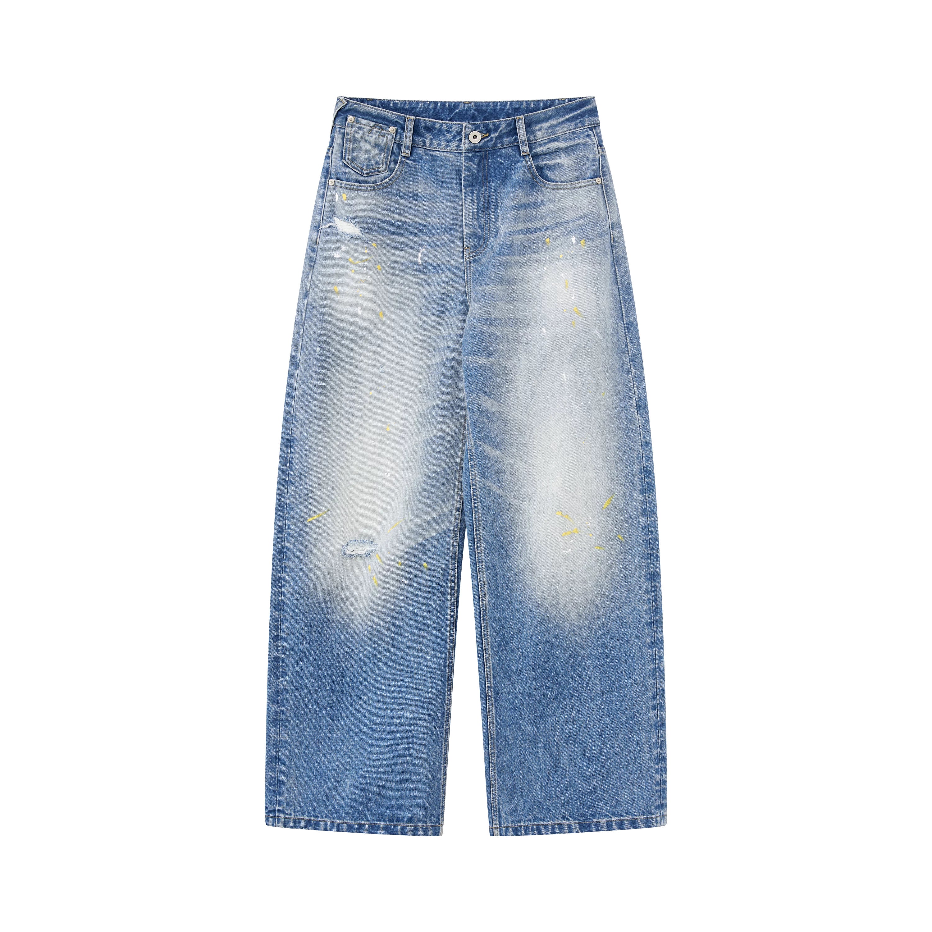 Washed Blue Curved-Leg Wide Denim Jeans
