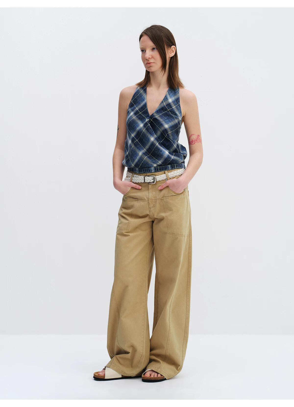Utility Pocket Curved Wide-Leg Trousers