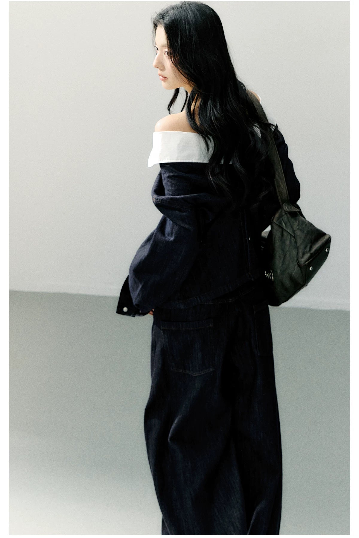 Off-Shoulder Denim Long Sleeve Shirt