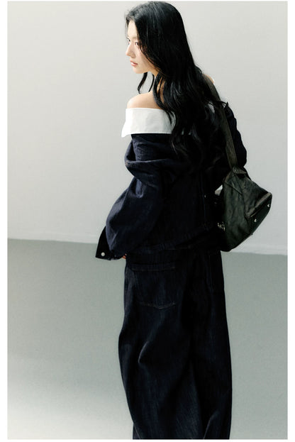 Off-Shoulder Denim Long Sleeve Shirt